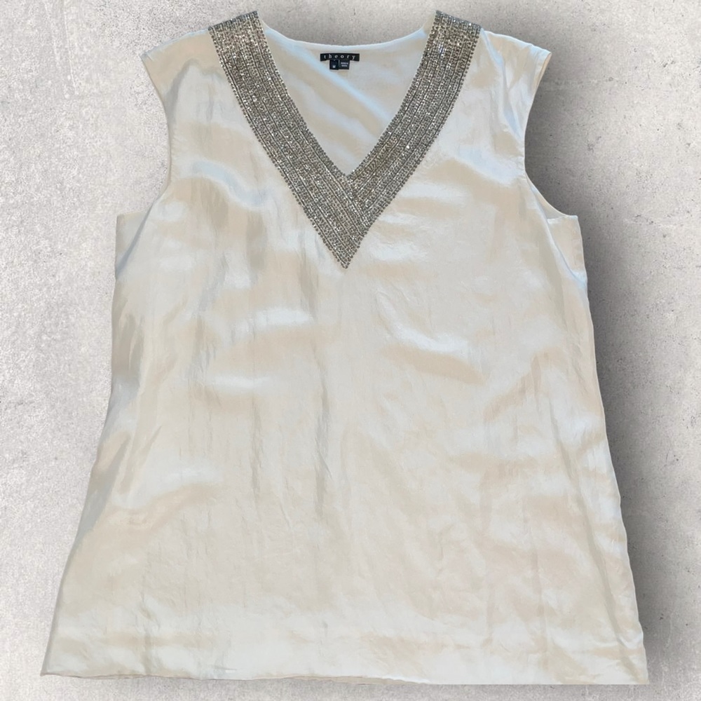 Theory Ivory 100% Silk Beaded V-Neck Sleeveless Blouse Top Medium